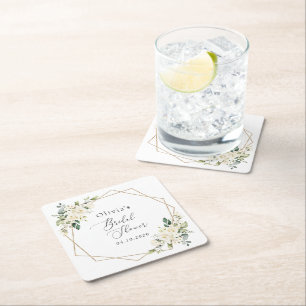 White Flowers, Cream Flowers, Boho, Bridal Shower Square Paper Coaster