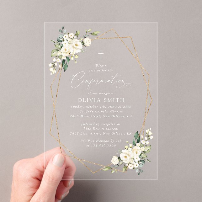 White Flowers, Cream Flowers, Boho, Confirmation Acrylic Invitations (Insitu (Handheld))