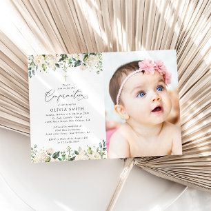 White Flowers, Cream Flowers, Boho, Confirmation Invitation