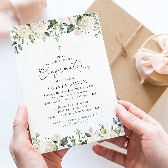 White Flowers, Cream Flowers, Boho, Confirmation Invitation (Creator Uploaded)