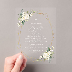 White Flowers, Cream Flowers, Boho, Floral Baptism Acrylic Invitations