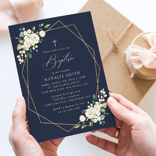 White Flowers, Cream Flowers, Boho, Floral Baptism Invitation