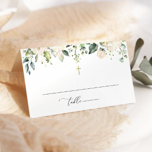 White Flowers, Cream Flowers, Boho, Floral Baptism Place Card