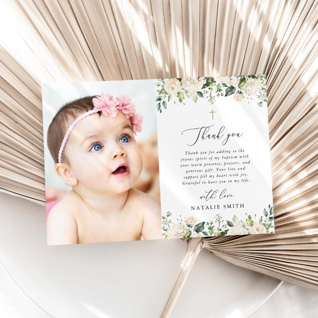White Flowers, Cream Flowers, Boho, Floral Baptism Thank You Card (Creator Uploaded)