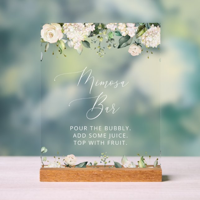 White Flowers, Cream Flowers, Boho, Mimosa Bar  Acrylic Sign (Neutral)