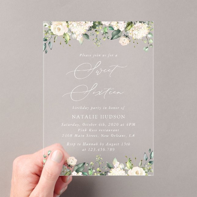 White Flowers, Cream Flowers, Boho, Sweet 16 Acrylic Invitations (Insitu (Handheld))