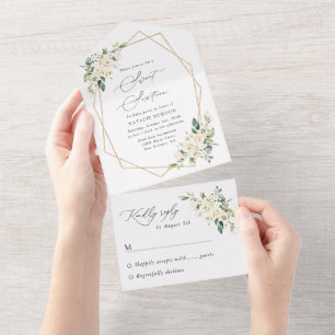 White Flowers, Cream Flowers, Boho, Sweet 16 All In One Invitation