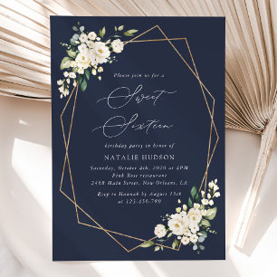 White Flowers, Cream Flowers, Boho, Sweet 16 Invitation