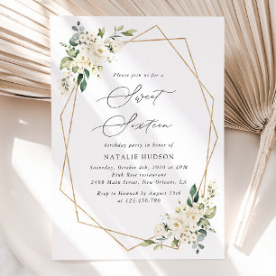 White Flowers, Cream Flowers, Boho, Sweet 16 Invitation