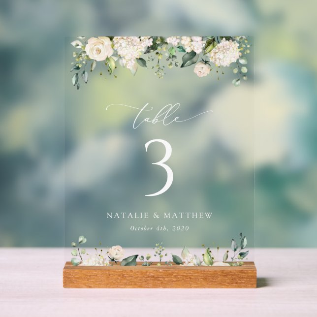 White Flowers, Cream Flowers, Boho, Table Numbers Acrylic Sign (Neutral)