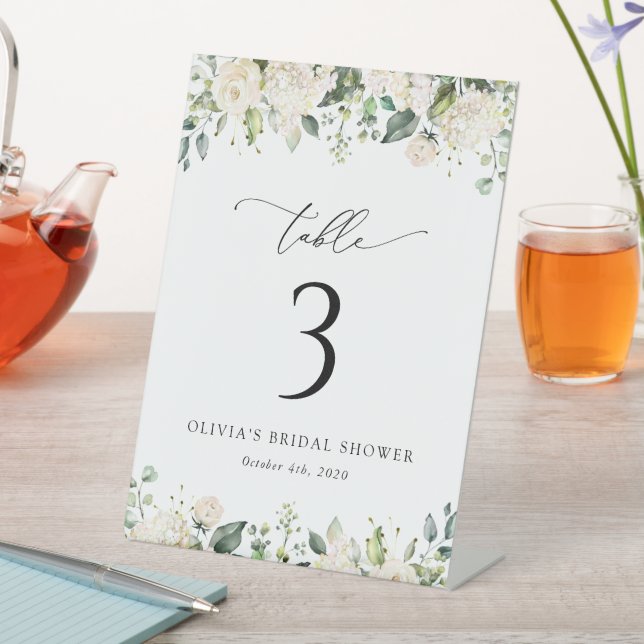 White Flowers, Cream Flowers, Boho, Table Numbers Pedestal Sign (In SItu)
