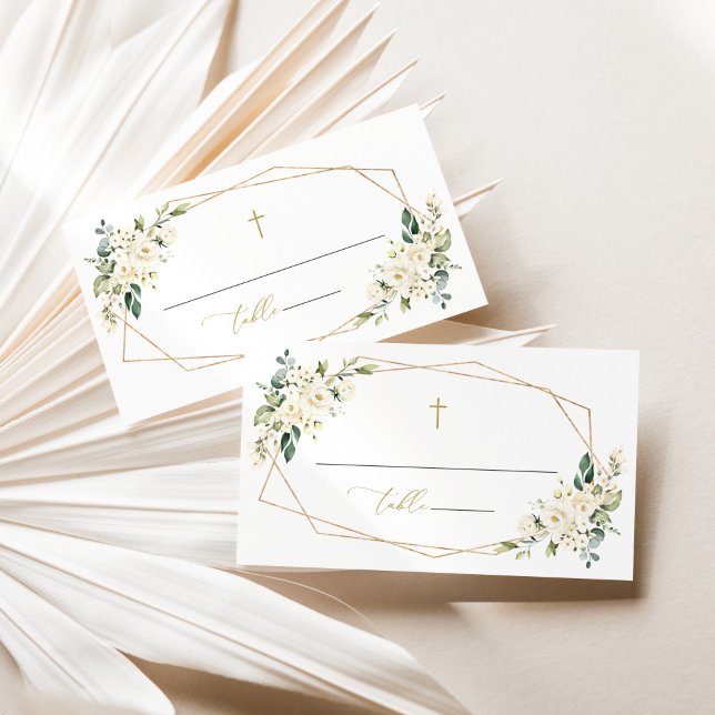 White Flowers, Cream Flowers, Greenery, Baptism Place Card (Creator Uploaded)