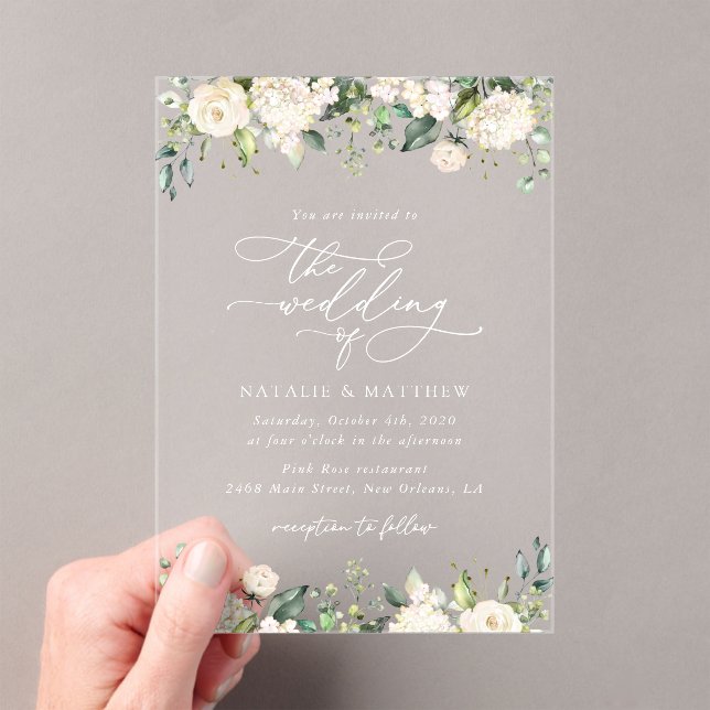 White Flowers, Cream Flowers, Greenery, Wedding  Acrylic Invitations (Insitu (Handheld))