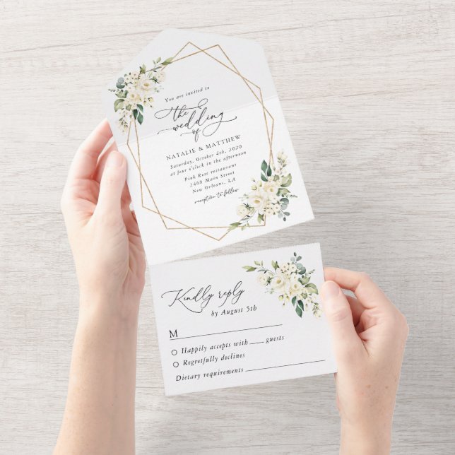 White Flowers, Cream Flowers, Greenery, Wedding All In One Invitation (Tearaway)
