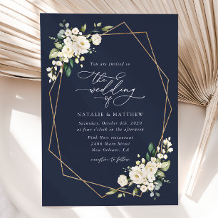White Flowers, Cream Flowers, Greenery, Wedding Invitation