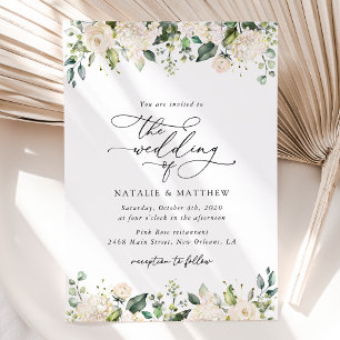 White Flowers, Cream Flowers, Greenery, Wedding  Invitation