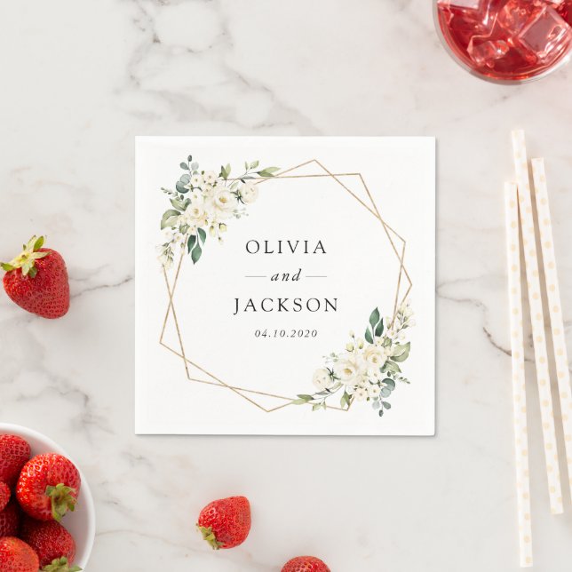 White Flowers, Cream Flowers, Greenery, Wedding Napkin (Insitu)
