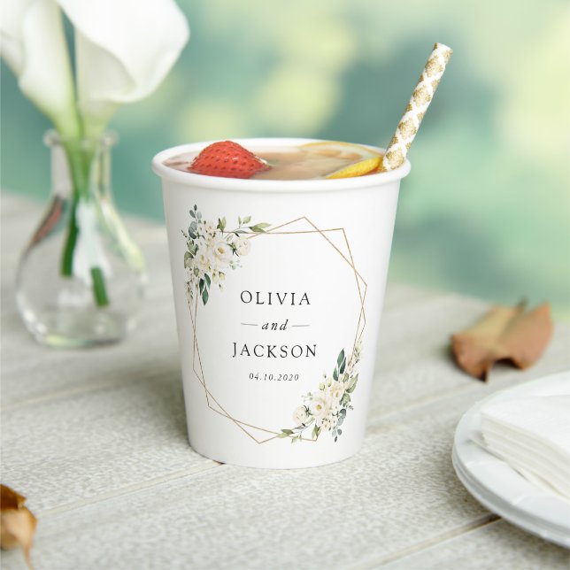 White Flowers, Cream Flowers, Greenery, Wedding Paper Cups (Insitu)