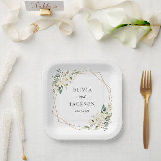White Flowers, Cream Flowers, Greenery, Wedding Paper Plate