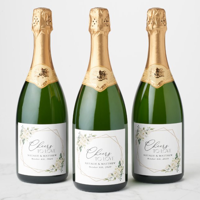 White Flowers, Cream Flowers, Greenery, Wedding Sparkling Wine Label (Bottles)