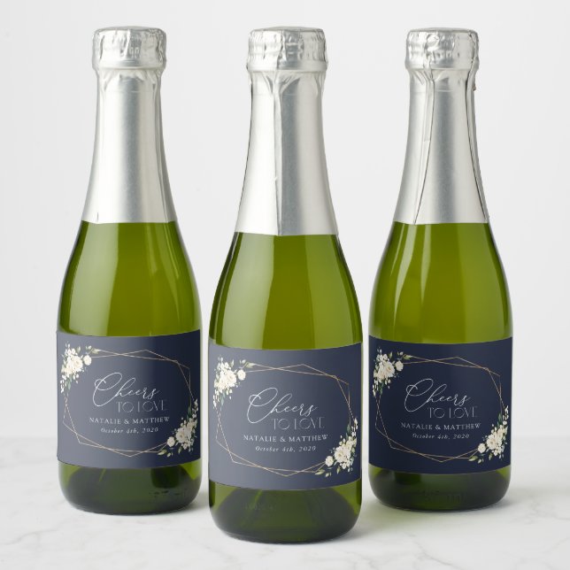 White Flowers, Cream Flowers, Greenery, Wedding Sparkling Wine Label (Bottles)