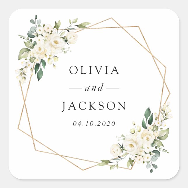 White Flowers, Cream Flowers, Greenery, Wedding Square Sticker (Front)