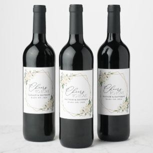 White Flowers, Cream Flowers, Greenery, Wedding Wine Label