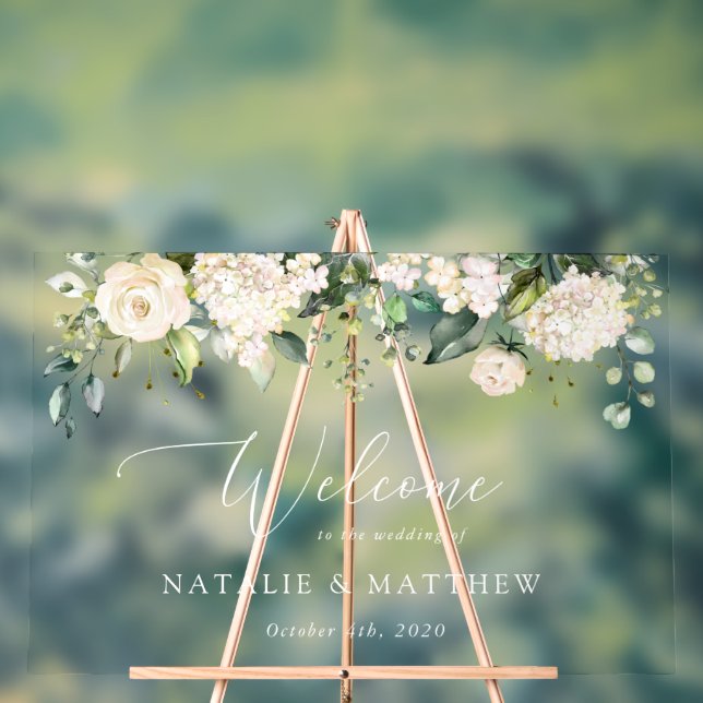 White Flowers, Cream Flowers, Wedding Welcome  Acrylic Sign (Neutral)