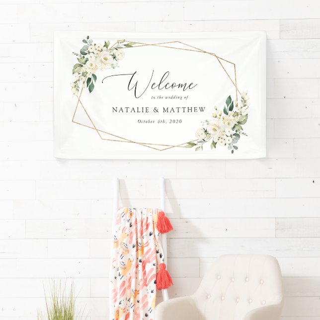 White Flowers, Cream Flowers, Wedding Welcome Banner (Insitu)