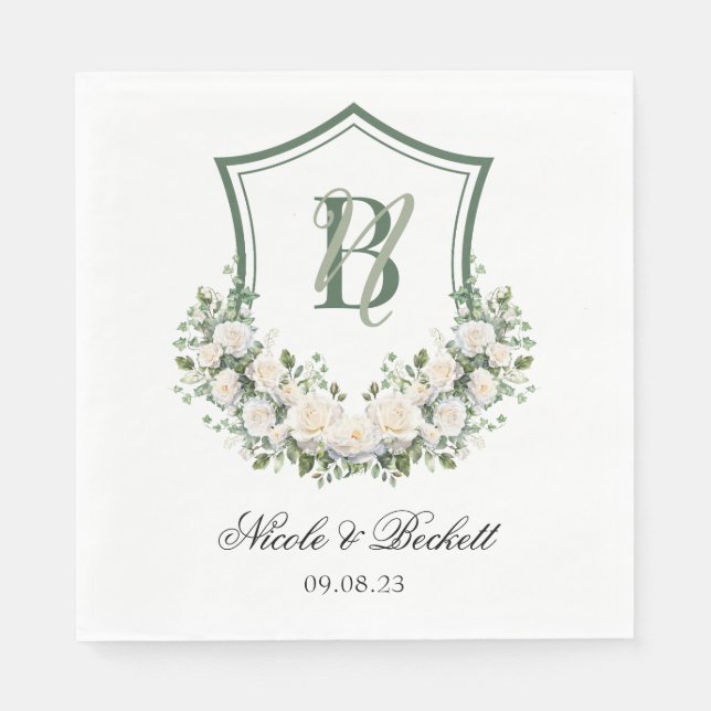 White Flowers Crest Wedding Napkin (Front)