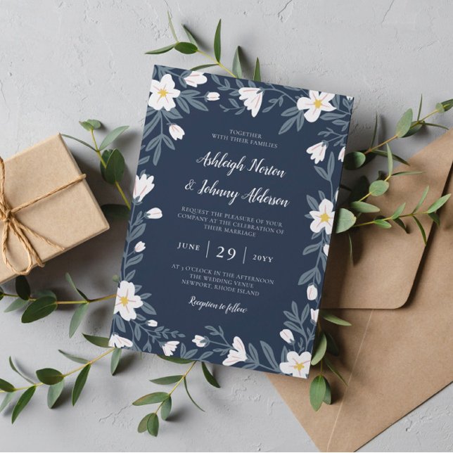 White Flowers Dark Blue Floral Wedding Invitation (Creator Uploaded)
