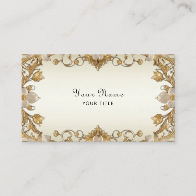 White Flowers Decorative Gold Business Card (Front)