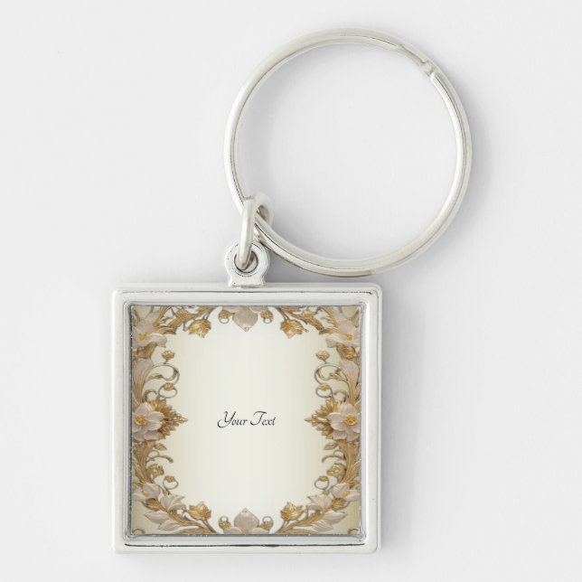 White Flowers Decorative Gold Keychain (Front)