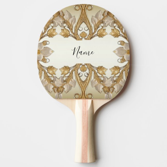 White Flowers Decorative Gold Ping Pong Paddle (Front)