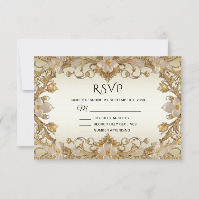 White Flowers Decorative Gold RSVP Card (Front)