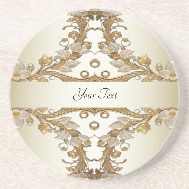 White Flowers Decorative Gold Sandstone Coaster (Front)