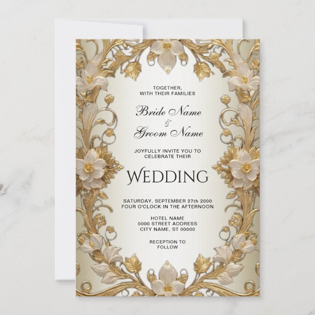 White Flowers Decorative Gold Wedding Invitation (Front)