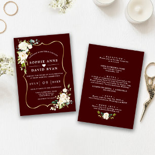 White Flowers Deep Burgundy All In One Wedding   Invitation