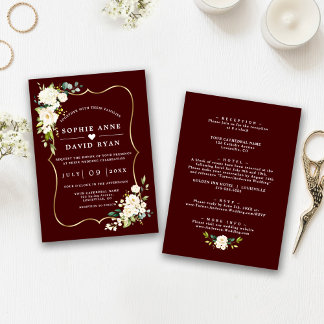 White Flowers Deep Burgundy All In One Wedding   Invitation