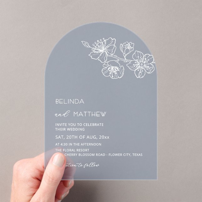  White Flowers Dusty Blue Casual Wedding Acrylic Invitations (Insitu (Handheld))
