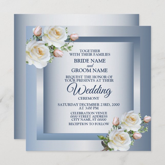 White Flowers Elegant Blue Gray Wedding Invitation (Front/Back)