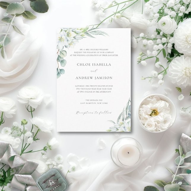 White Flowers & Elegant Greenery Wedding with RSVP Invitation (This elegant invitation features white flowers and greenery for a minimalist, fine art wedding look)