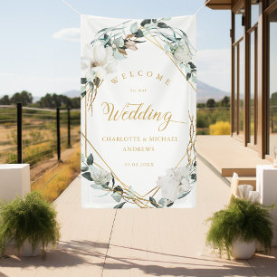 White Flowers Eucalyptus Gold Geometric Wedding Banner