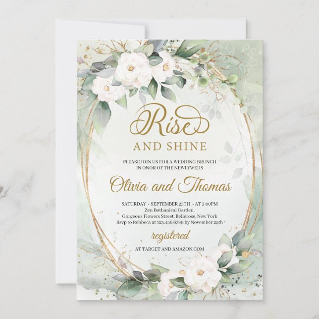 White flowers eucalyptus gold oval rise and shine invitation (Front)