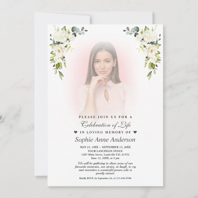  White Flowers Faded Photo Celebration of Life  Invitation (Front)