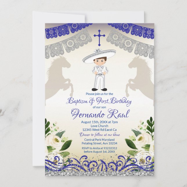 White Flowers Fiesta Baptism and 1st Birthday Invitation (Front)