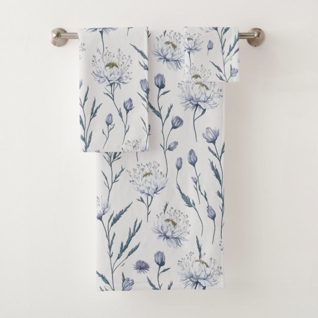 White Flowers Floral Seamless Pattern  Bath Towel Set (Insitu)