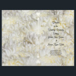 White Flowers Folded Wedding Program template<br><div class="desc">White wedding folded program with floral background.  Customize black text on front page and both inside pages and fold this program in half.  Hearts embellish a centre divider line and the back of the program will be blank.  Cream and white flower petals cover both sides.</div>