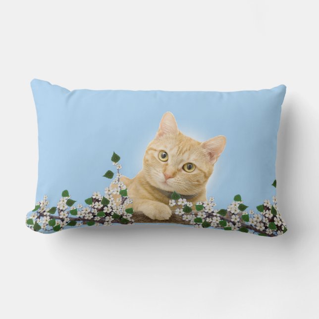 White Flowers & Ginger Tabby Cat on Light Blue Lumbar Pillow (Front)