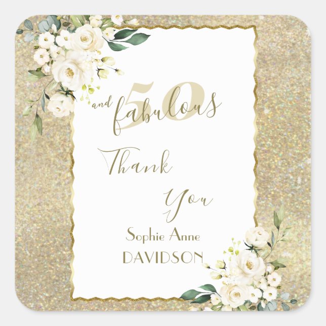 White Flowers Gold 50 and Fabulous Birthday Party  Square Sticker (Front)